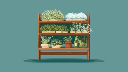 Wooden shelving unit displays a variety of potted plants and a green bottle