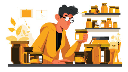 Person in yellow hoodie inspects jars of golden honey on shelves with plants
