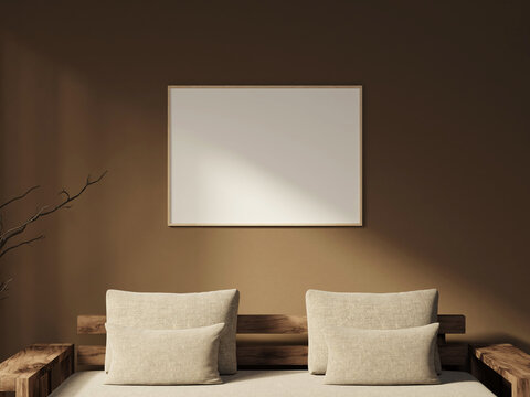 Wooden landscape frame mockup on a warm brown wall above a bed