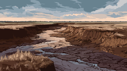 A cracked, dry riverbed winds through a brown, barren landscape under a cloudy sky