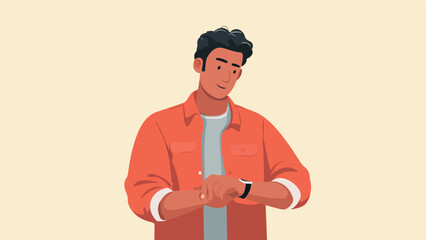 A man in a coral shirt checks his smartwatch, a subtle smile on his face
