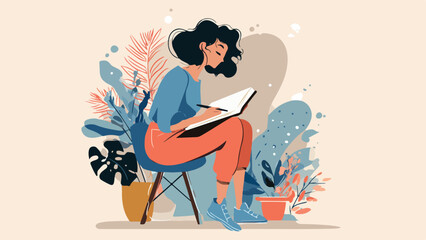A stylized illustration of a person seated among lush plants, engrossed in writing