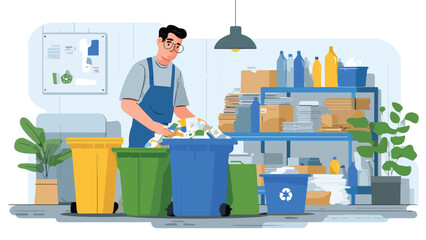 A man sorts trash into colorful bins for recycling in a clean workspace
