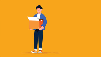 Person with glasses holding an open box against an orange background