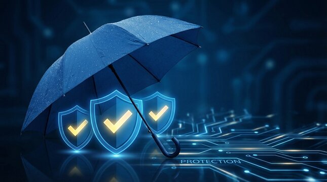 Digital protection concept with umbrella and glowing shield icons on circuit board background representing cybersecurity and data protection measures
