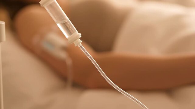 Close-up video footage shows an IV drip administering fluid into the arm of a resting patient in a hospital bed, emphasizing medical care and recovery.