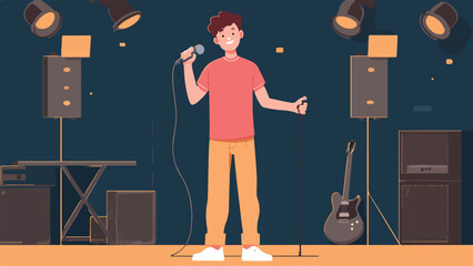 A young person holds a microphone on stage with musical instruments and lights