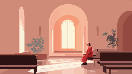 A lone figure in red sits in a waiting area bathed in warm sunlight from a large window