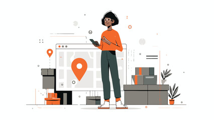 Modern illustration of a person using a smartphone with a map and packages