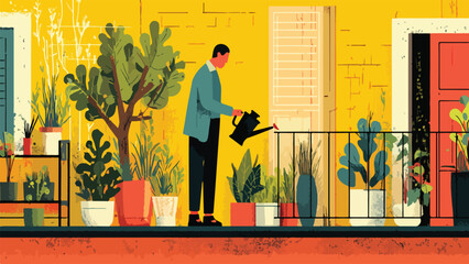 A person waters plants on a sunny balcony, surrounded by lush greenery