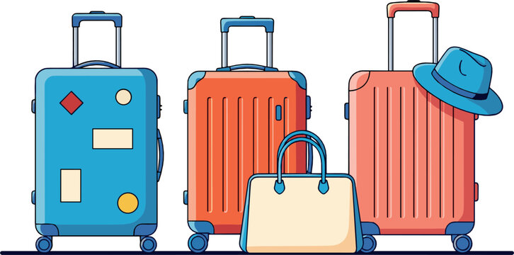 Colorful travel luggage set with rolling suitcases, handbag, and hat representing vacation, tourism, and modern journey concept in clean flat vector style