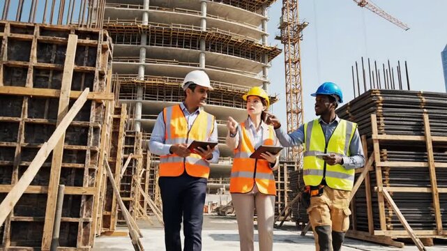 Construction workers discuss project plans at building site during daytime