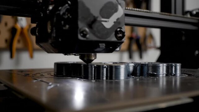 A close-up time-lapse sequence shows a 3D printer nozzle steadily depositing filament to create multiple small, circular metallic-looking parts on the print bed over the course of eight seconds, illu