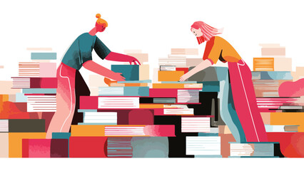 Stylized illustration of two figures sorting through colorful piles of books