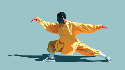 Person in traditional yellow martial arts uniform performing a low, wide stance