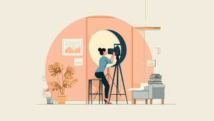 A photographer captures an image in a brightly lit studio with plants and furniture