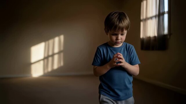 Boy standing alone in a room with hands clasped, showing expressions of sadness and distress, reflecting autism spectrum disorder.