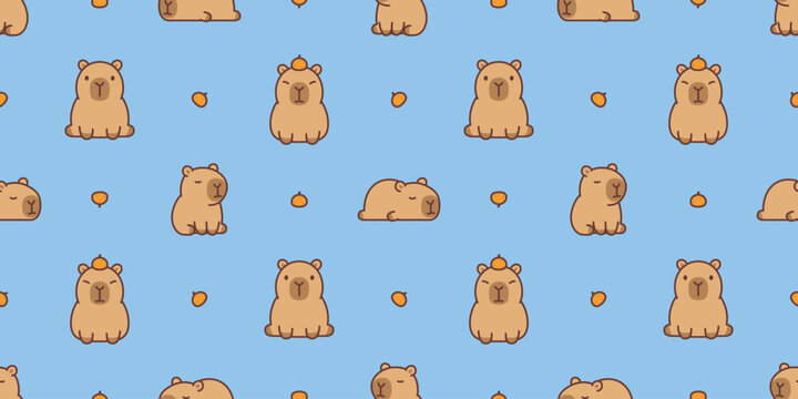 Seamless pattern of cute kawaii capybara with orange, vector illustration