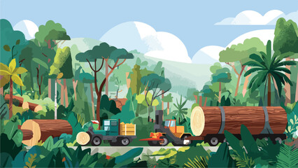 A lush forest scene with logging equipment loading large tree trunks onto trucks
