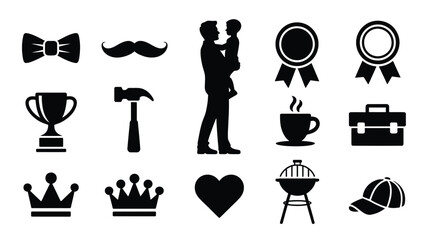 Obraz premium Modern father's day silhouette logo set with family gifts and symbols on white background