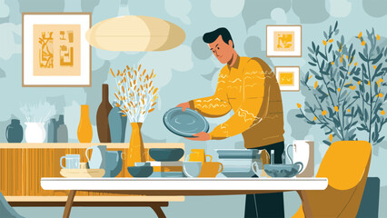 Man in yellow sweater stacking dishes on table with plant and art on wall