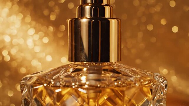 Elegant Amber Glass Bottle with a Sleek Pump Dispenser and Blank Label Set Against a Luxurious Golden Backdrop for Cosmetic Product Mockup Presentation in Professional Studio Lighting