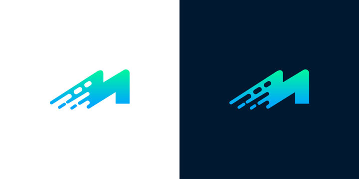 Dynamic and modern letter M logo design, featuring a vibrant green to blue gradient with an abstract motion blur effect, symbolizing speed, innovation, and digital progress for a modern brand