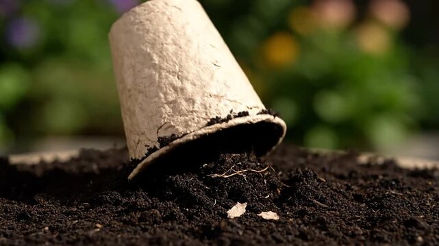 A time-lapse shows a biodegradable peat pot standing upright on rich soil before slowly tipping over, spilling its contents, and then starting to decompose and blend into the fertile ground.