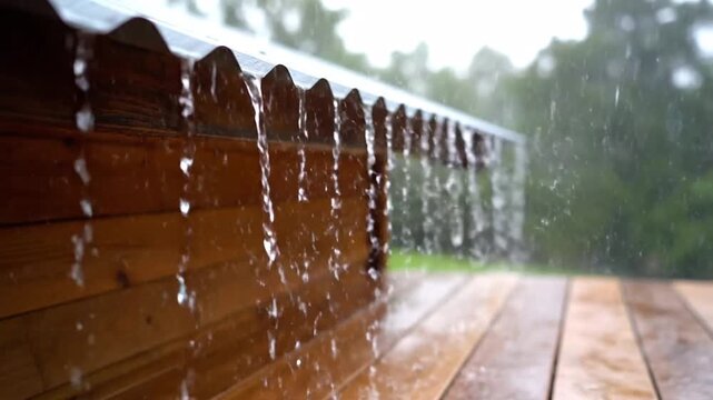 Rainwater Dripping Off Wooden Roof Edge on a Wet Deck in Natural Setting