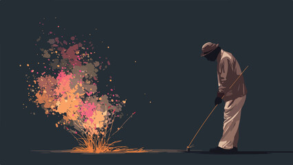 Lone figure with a tool interacts with a bright, energetic burst of colorful sparks on dark ground