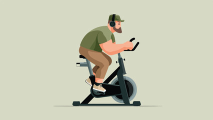 Bearded man with headphones rides stationary bike, wearing cap and green shirt