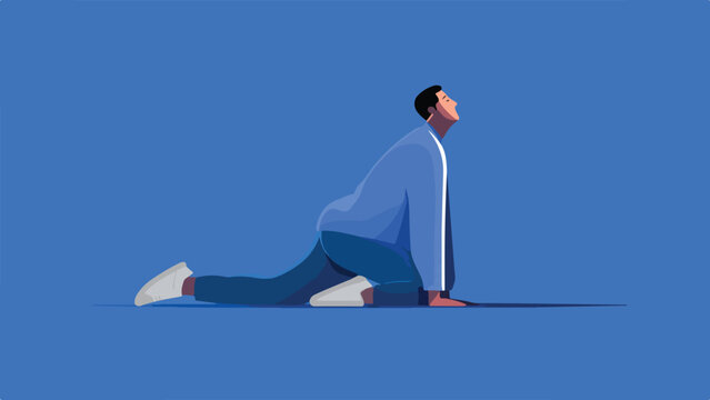 Man in blue shirt and pants performs a dynamic yoga stretch on a blue background