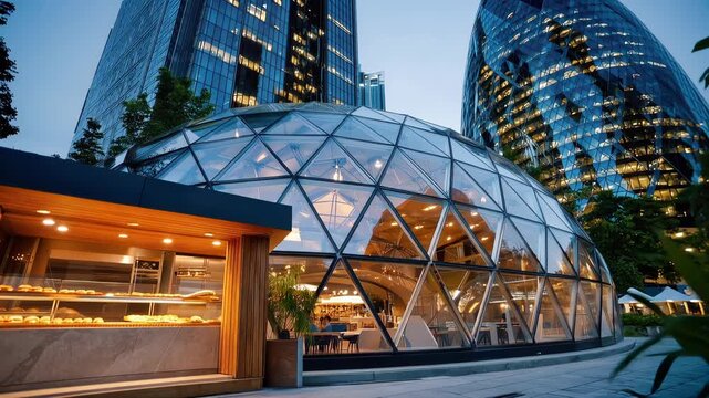 Small modern bakery kiosk by glass dome building at dusk, city food market and architecture scene