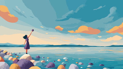 Woman reaching for ball on rocky shore with vast water and colorful sky