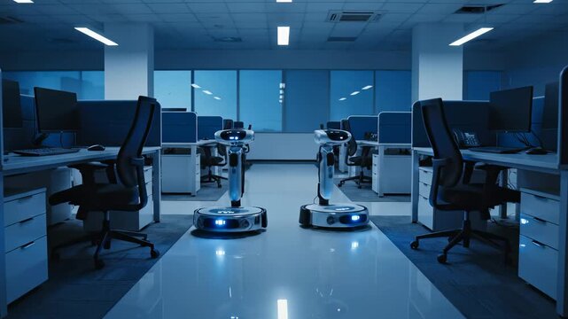 In a modern office filled with sleek desks and chairs, advanced robots glide smoothly across gleaming floors, illuminating the tranquil space with soft blue hues during nighttime operations.