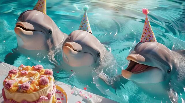 Three Dolphins Celebrate Birthday Party Hats Cake Water