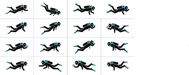 A series of illustrations featuring a scuba diver exploring underwater marine environments © sehrish