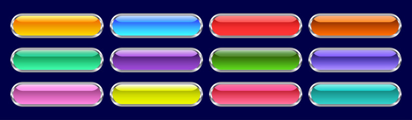 Set of Glossy Web Buttons with Chrome Metal Frames and Colorful Glass Textures for UI UX Design, Editable AI file