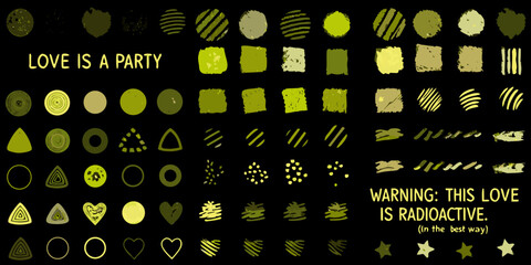 Abstract collection of green shapes and patterns with text elements
