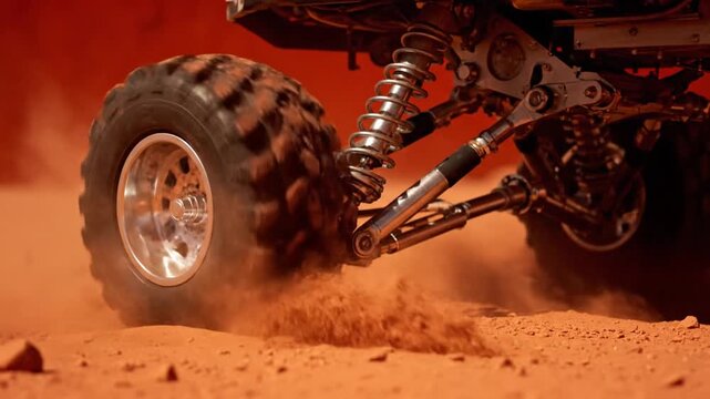 Close-up action of an RC vehicle's rugged wheel spinning intensely on red sand, throwing plumes of dirt backward, showcasing the detailed suspension.