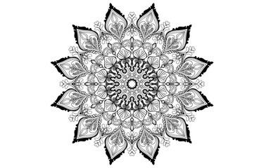 Black floral line art, mandala decoration, vintage floral design.