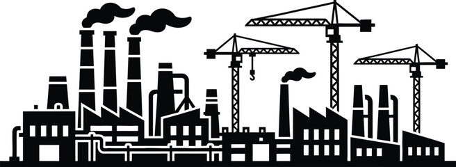 Naklejka premium Industrial Factory Silhouette with Construction Cranes