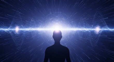 Fototapeta premium A silhouette in a meditative pose features seven glowing chakras against a cosmic backdrop with horizontal light frequency waves.