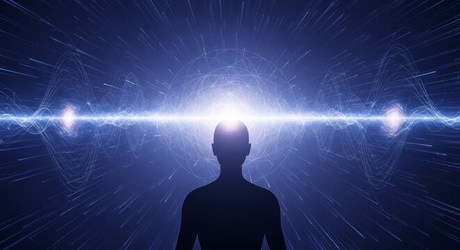 A silhouette in a meditative pose features seven glowing chakras against a cosmic backdrop with horizontal light frequency waves.