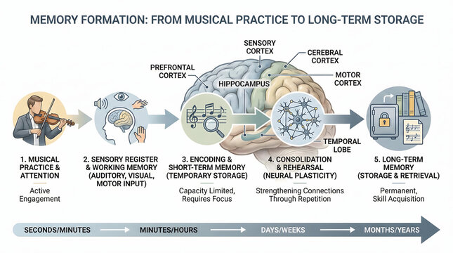 Memory Formation From Musical Practice to Long-Term Storage