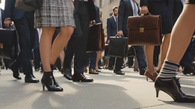 People walk on the city street during the workday carrying briefcases in a busy financial district