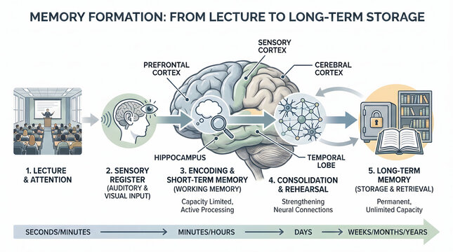 Memory Formation Process From Lecture to Long-Term Storage