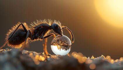 Ultra Macro Ant Carrying Water Droplet with Dramatic Light and Soft Bokeh