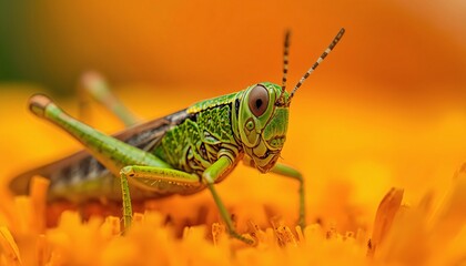 Macro Grasshopper Texture with Vibrant Orange Background and Shallow Depth of Field