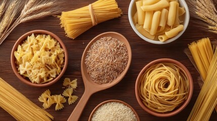 A Beautifully Arranged Display of Various Pasta Types and Grains on a Wooden Table Surrounded by Wheat Stalks